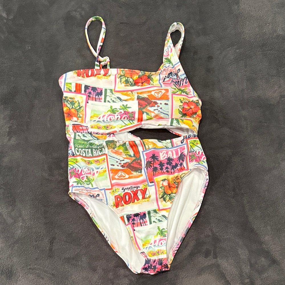Roxy Girls' Tropical Postcard Cutout One-Piece - Pink, Orange, Green